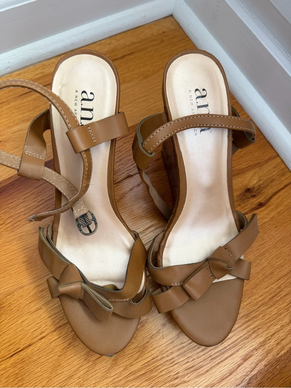 a.n.a Tan Knotted Slingback Cork Wedge Sandals Size 7.5